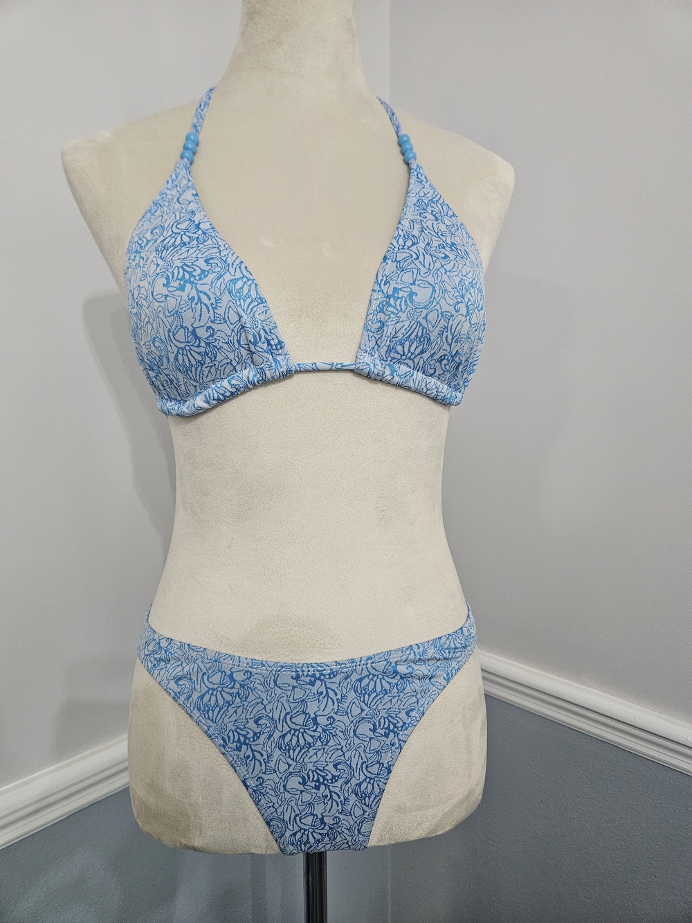 Blue Floral Triangle Bikini Set - Women Swim Size M